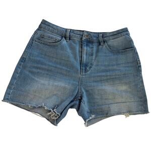 OAT New York High Rise Denim Cutoff Shorts Raw Hem 8 29 Light Wash